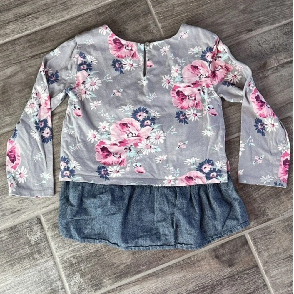 Gap Gray Top Pink Floral Blue Denim Ruffle Hem Long Sleeve‎ Shirt Girl Size 6/7